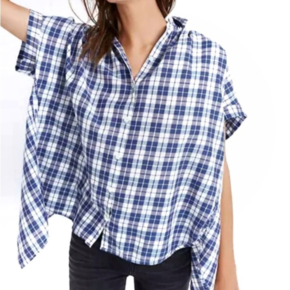 Madewell Central Plaid Split Back Oversized Shirt Short Sleeve Top Sz XS